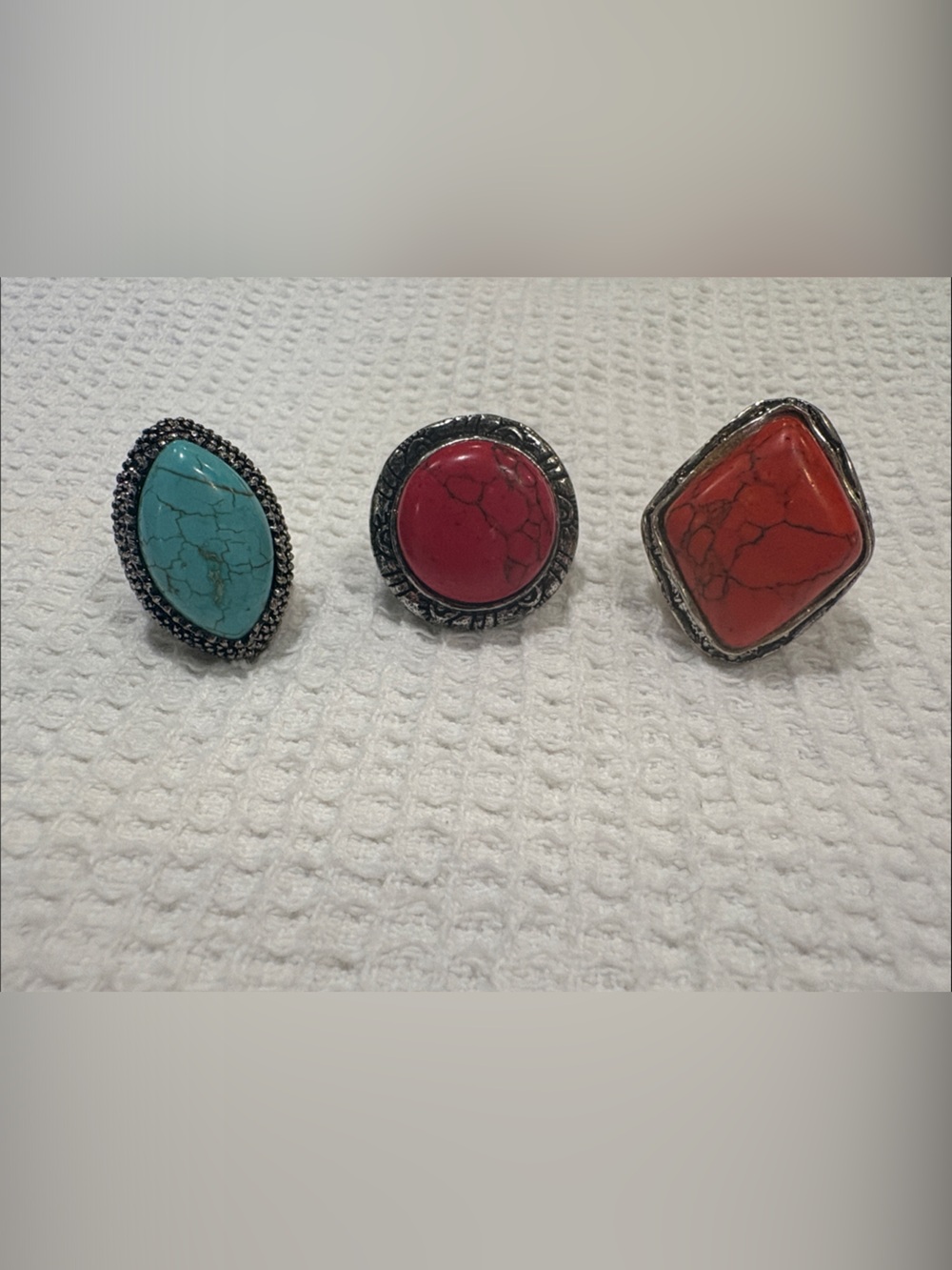 Set of 3 Genuine Natural Stone Statement Rings | Silver Tone | Boho Southwestern
